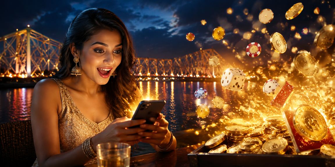 Colorful slots game on Indian mobile at night market in Kolkata