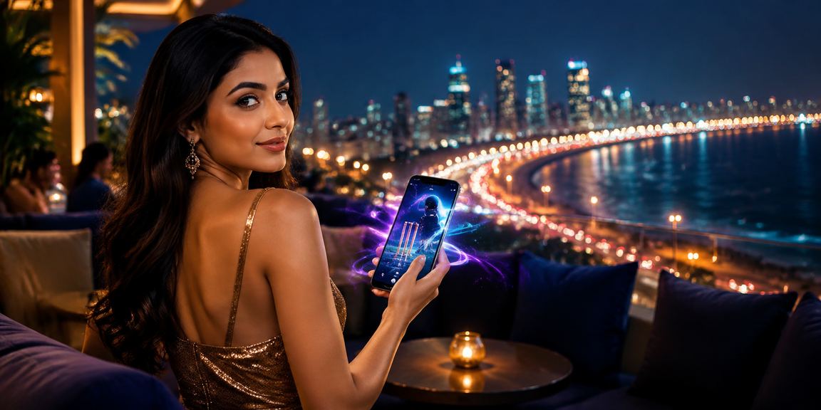Indian user playing lottery games via mobile at Mumbai Marine Drive